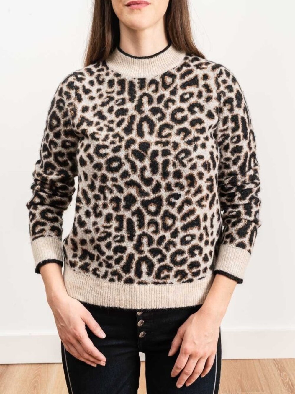 Veronica Beard Gray Alpaca Blend Leopard Print Marly Crew Neck Sweater, Size M